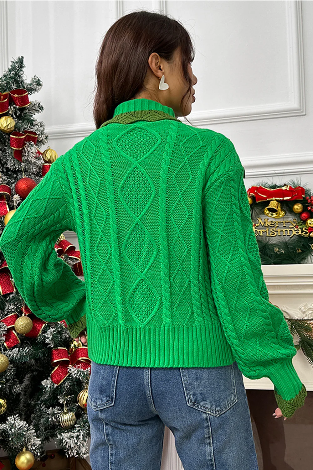Cable-Knit Ruffled Mock Neck Lantern Sleeve Sweater - Image 2