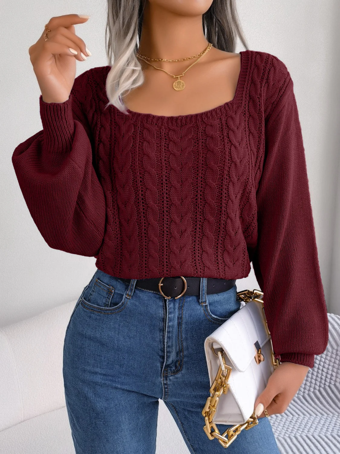 Cable-Knit Square Neck Long Sleeve Sweater - Image 10