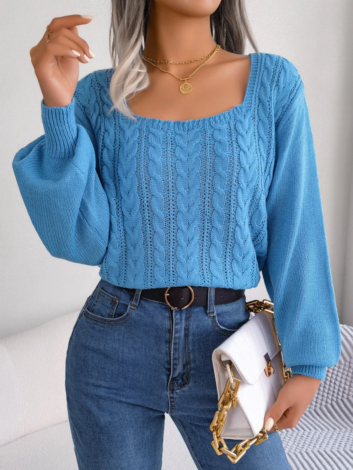 Cable-Knit Square Neck Long Sleeve Sweater - Image 6