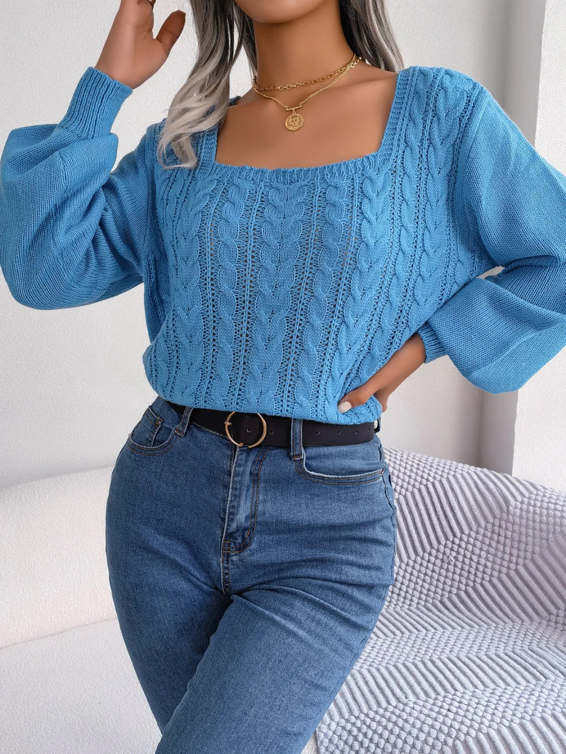 Cable-Knit Square Neck Long Sleeve Sweater - Image 7