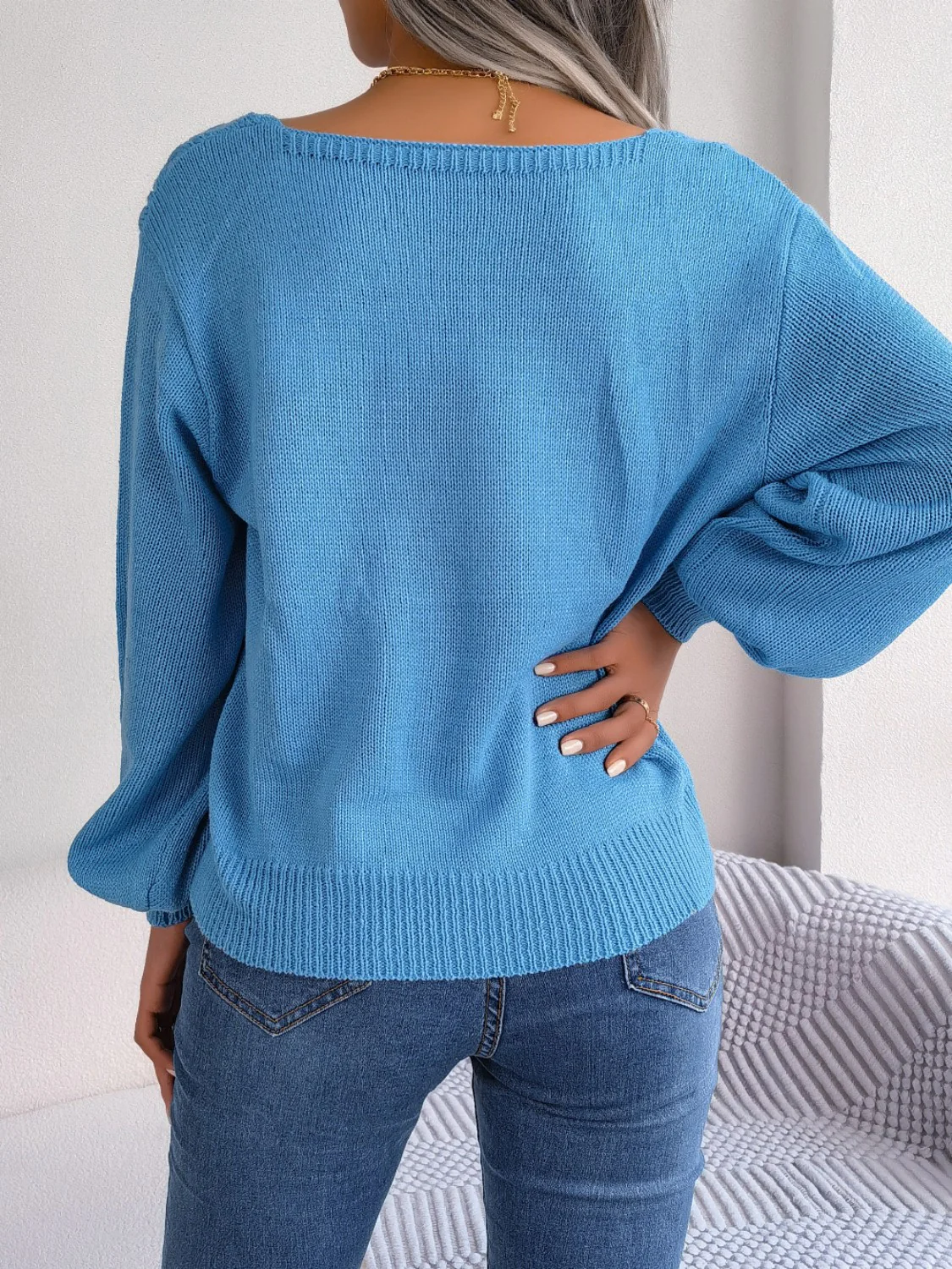 Cable-Knit Square Neck Long Sleeve Sweater - Image 8