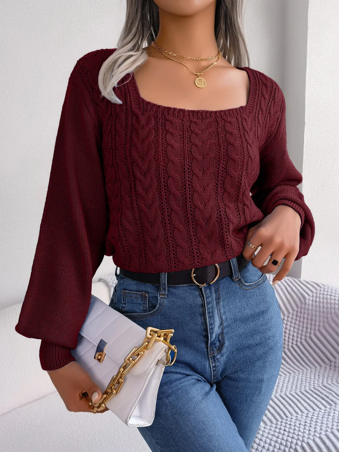 Cable-Knit Square Neck Long Sleeve Sweater - Image 9