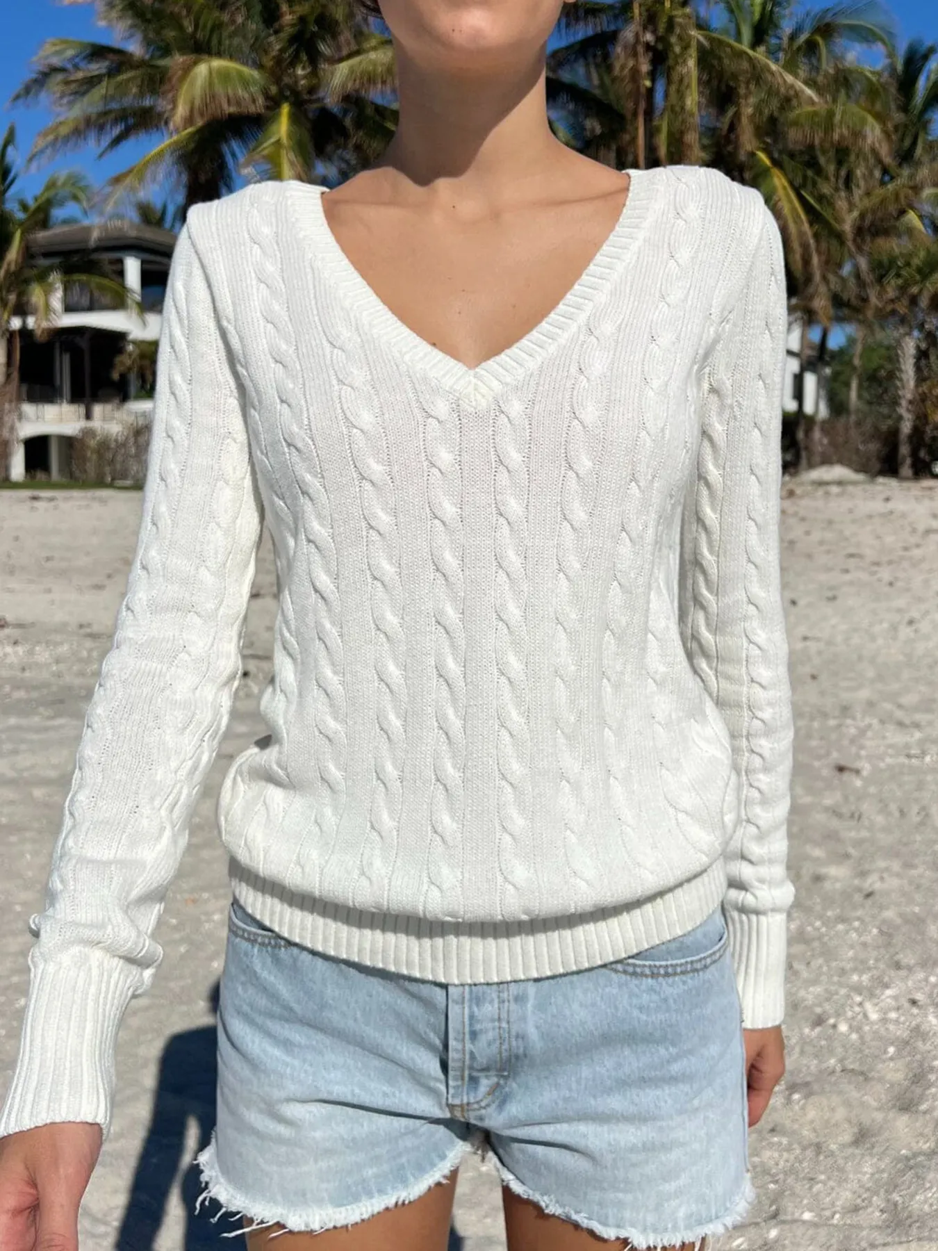Cable Knit V-Neck Sweater - Image 2