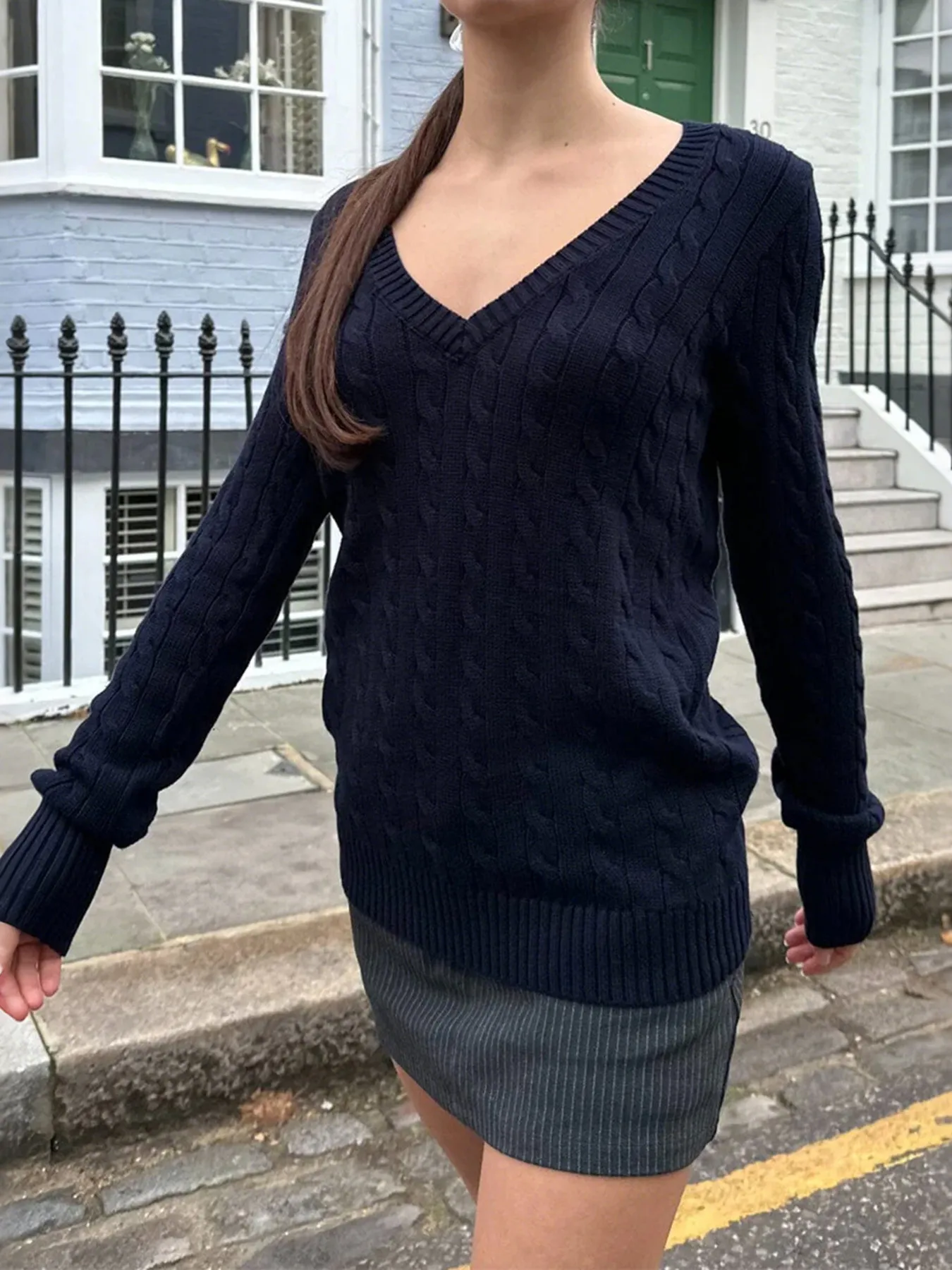 Cable Knit V-Neck Sweater - Image 8