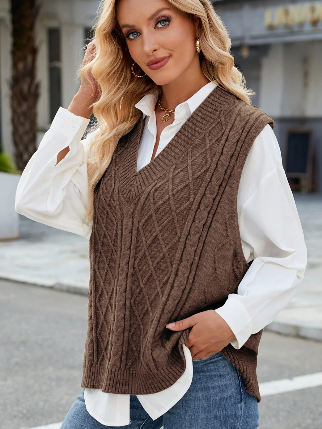 Cable Knit V-Neck Sweater Vest - Image 10