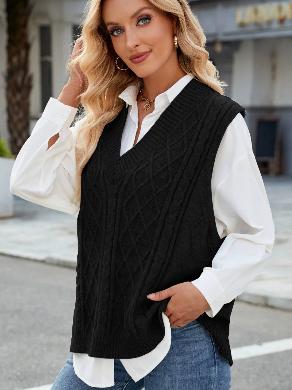 Cable Knit V-Neck Sweater Vest - Image 11