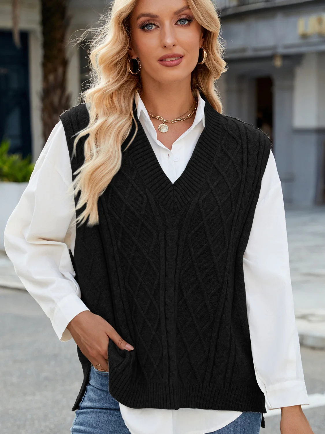 Cable Knit V-Neck Sweater Vest - Image 13