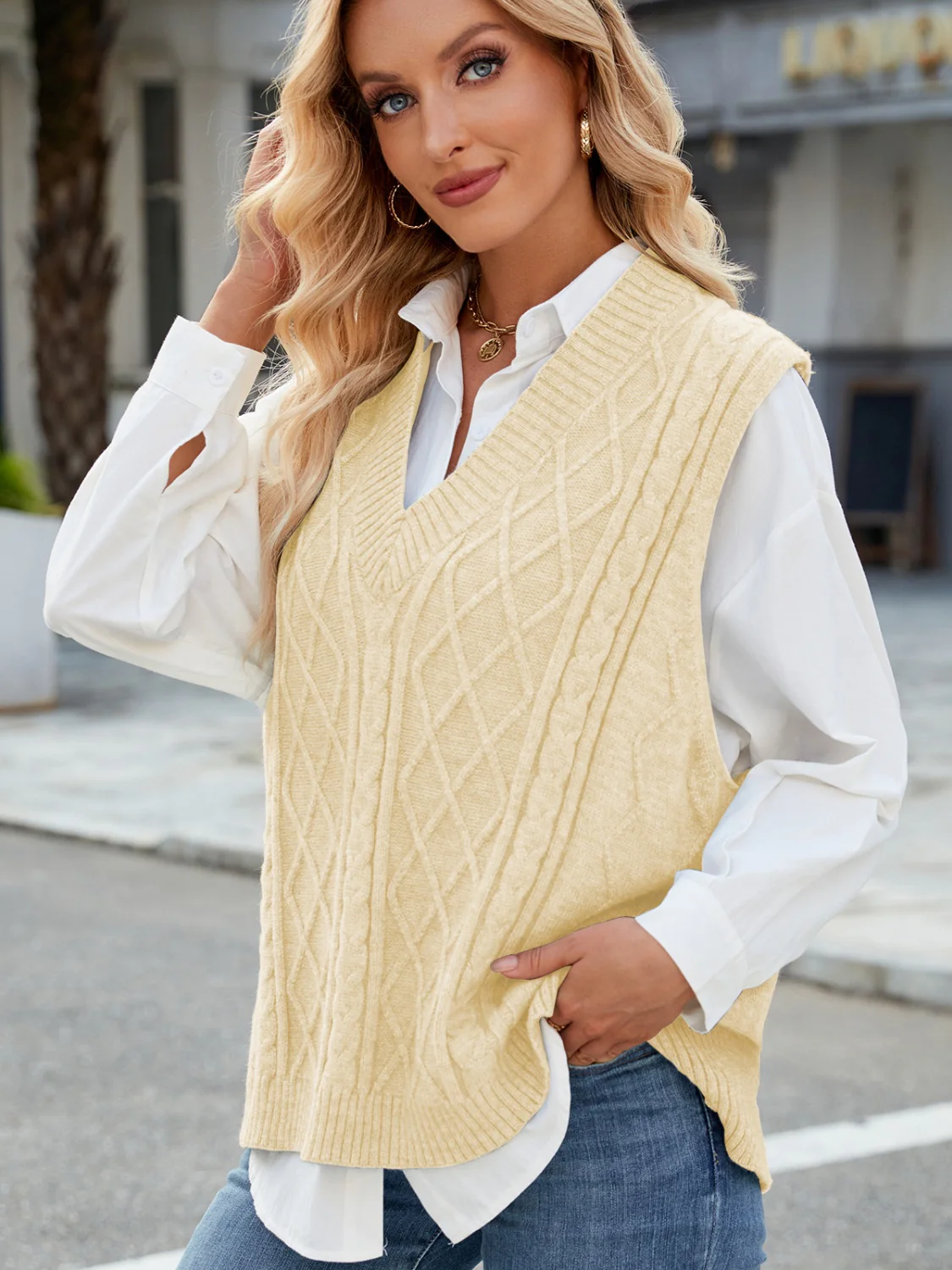 Cable Knit V-Neck Sweater Vest - Image 16