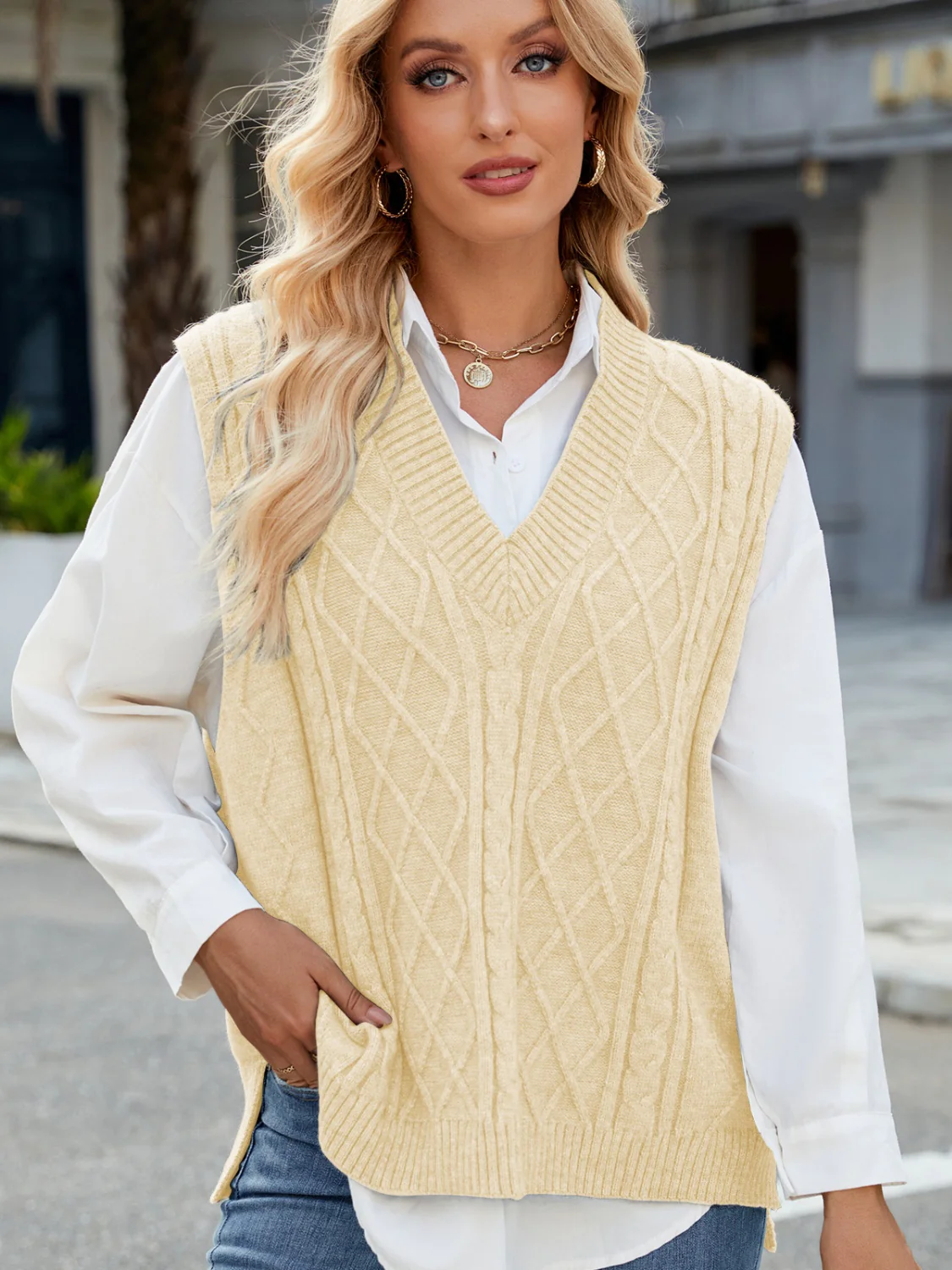 Cable Knit V-Neck Sweater Vest - Image 18