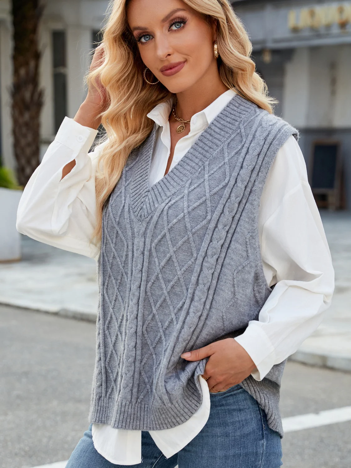 Cable Knit V-Neck Sweater Vest - Image 2