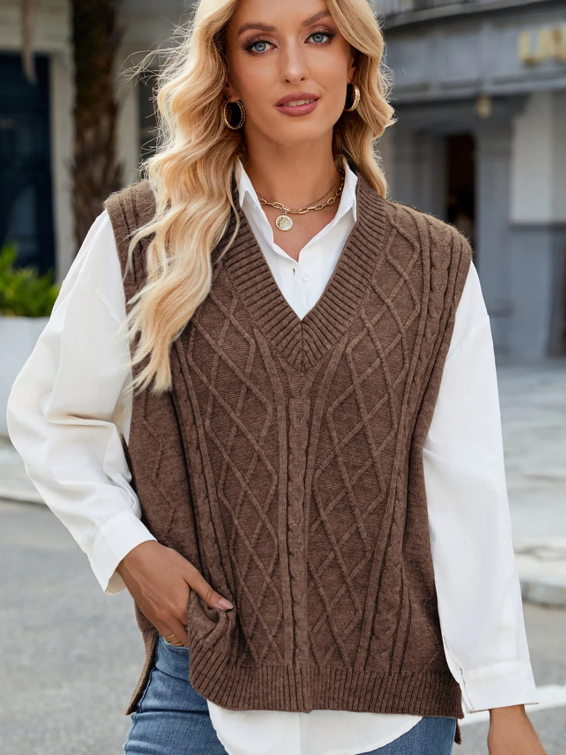 Cable Knit V-Neck Sweater Vest - Image 9