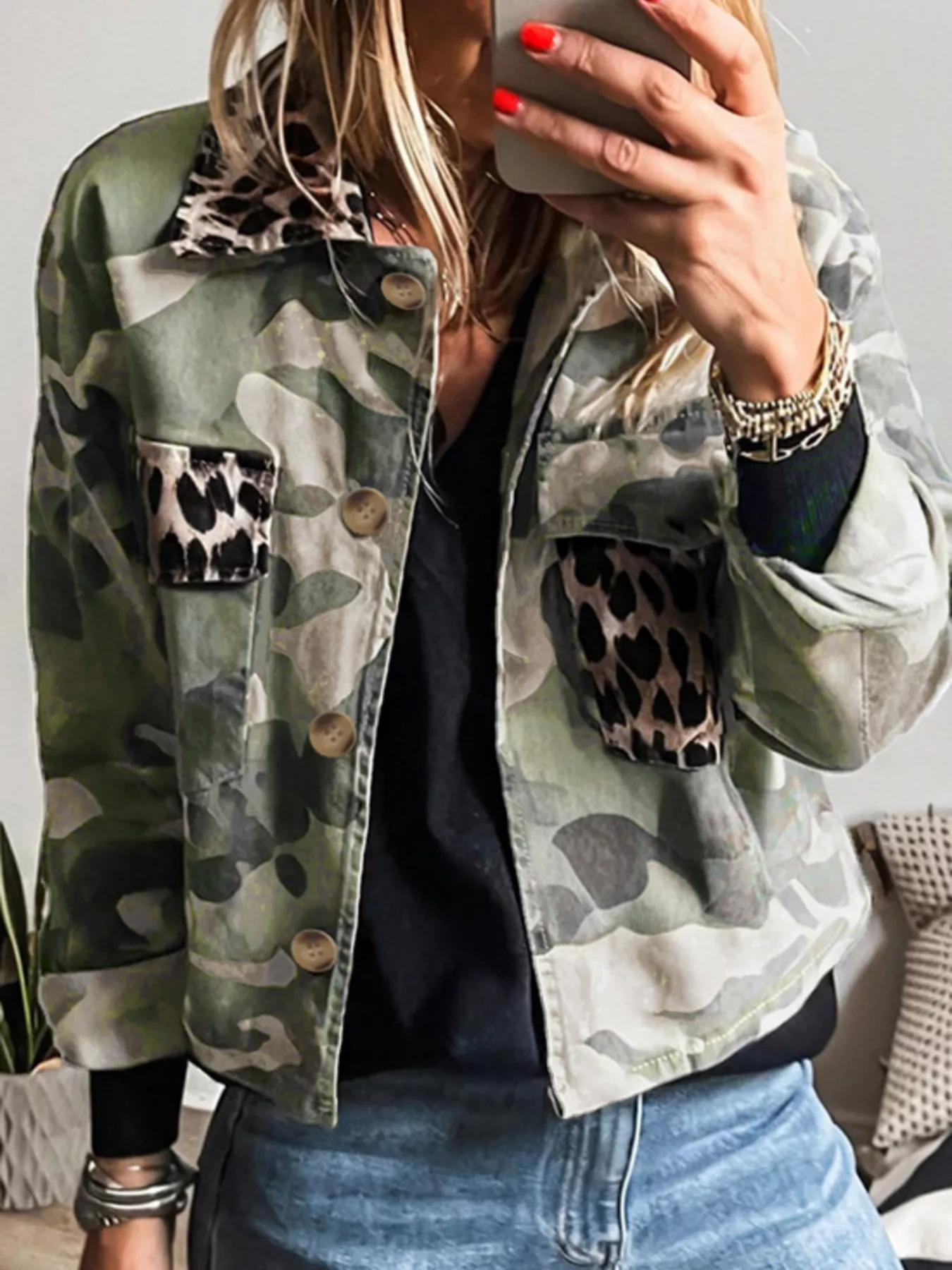Camo Print Leopard Trim Button Up Jacket - Image 2