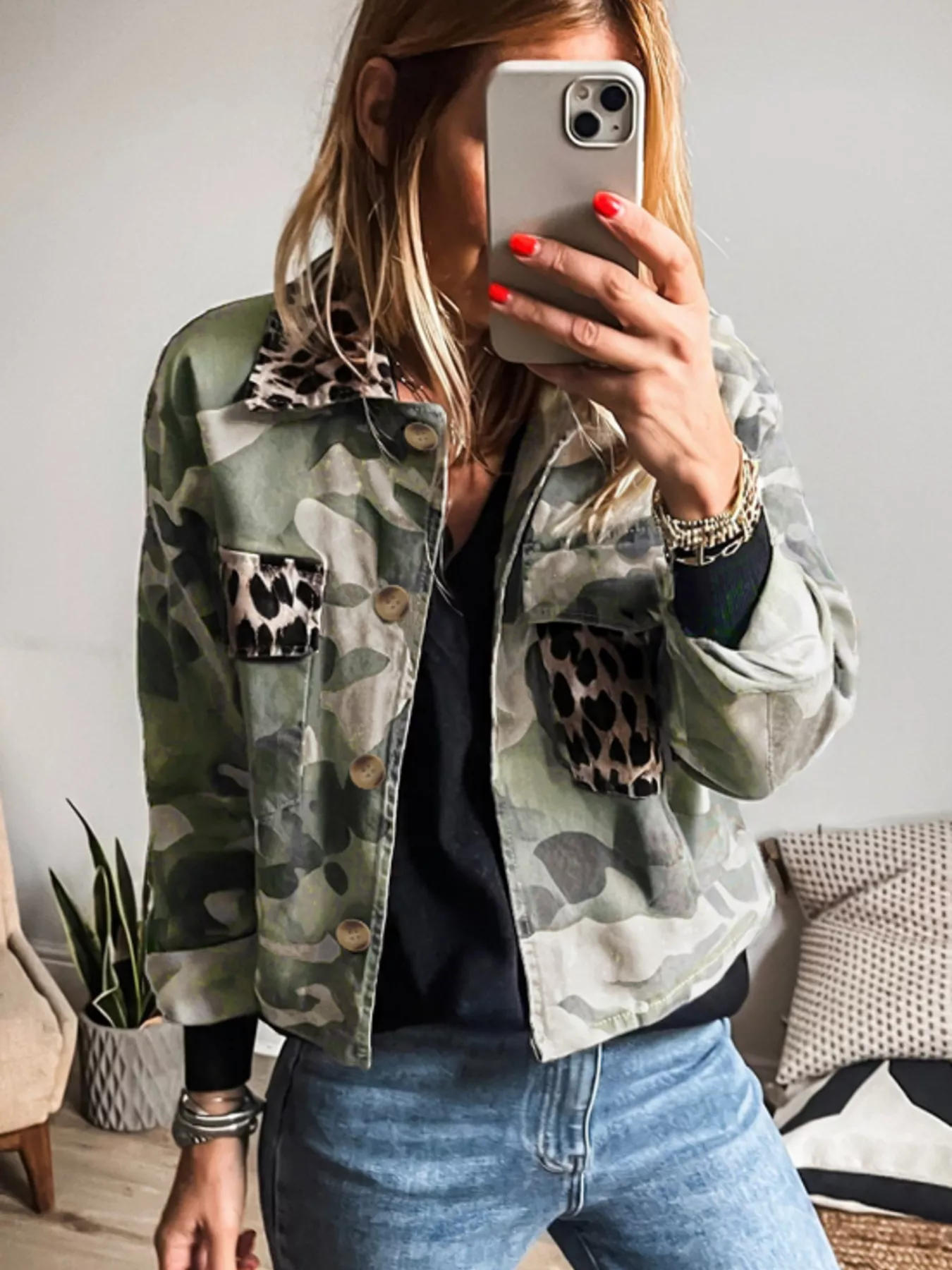 Camo Print Leopard Trim Button Up Jacket - Image 3