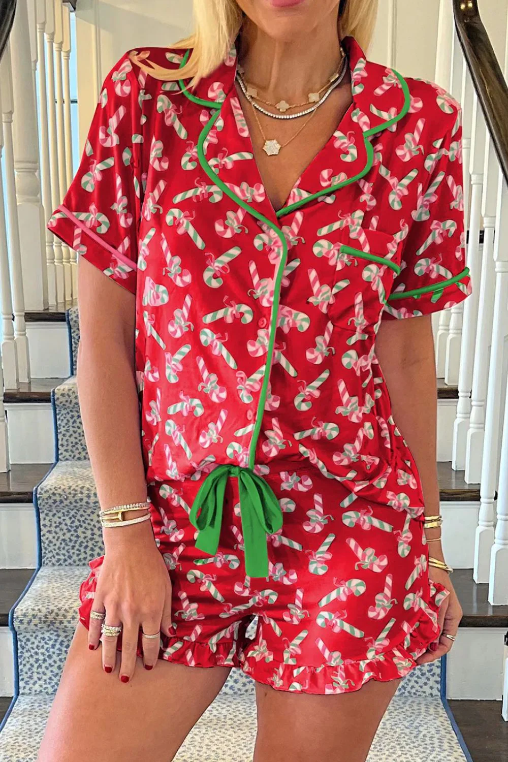 Candy Cane Collared Neck Top and Shorts Lounge Set - Image 11