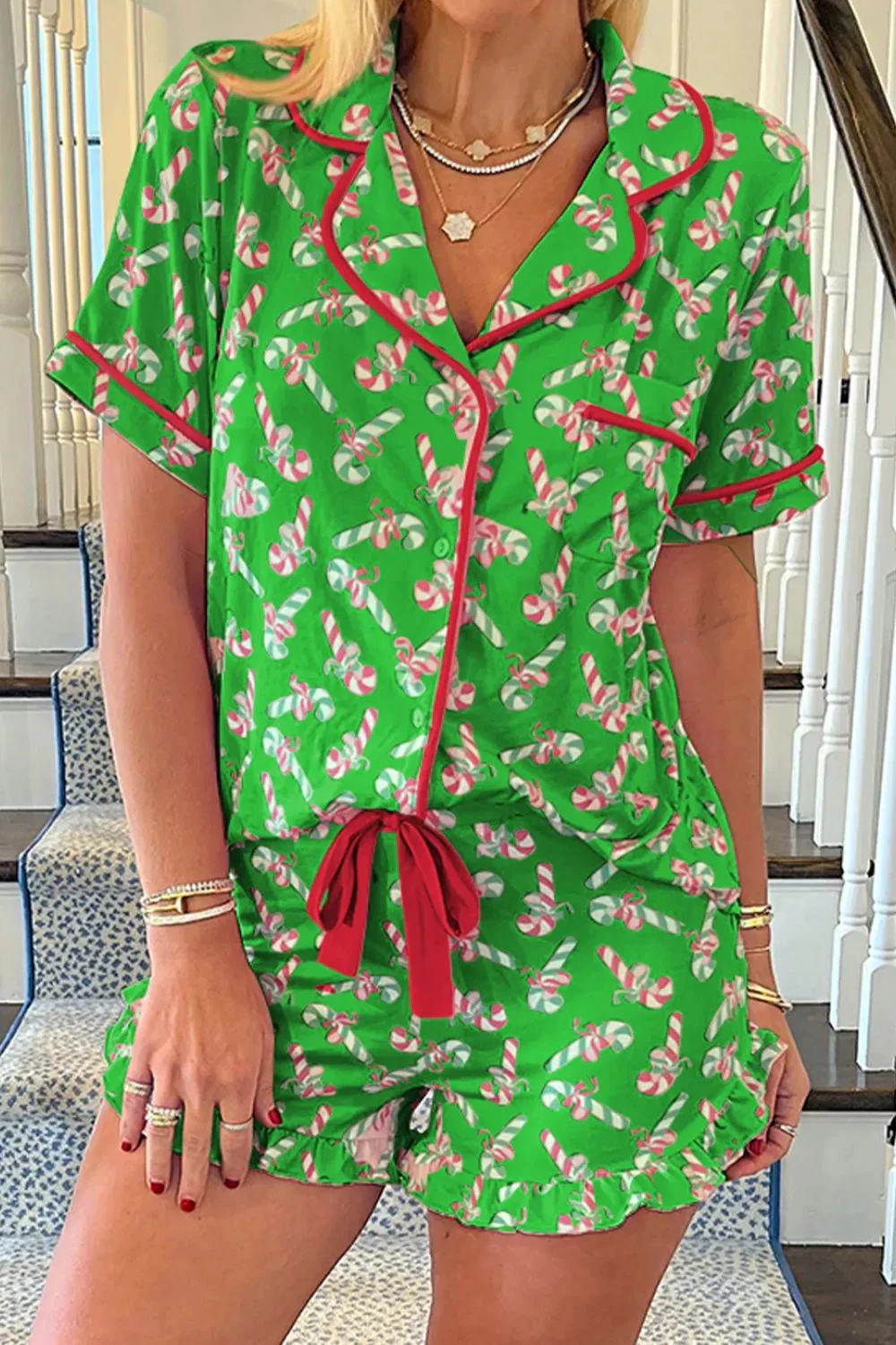 Candy Cane Collared Neck Top and Shorts Lounge Set - Image 14