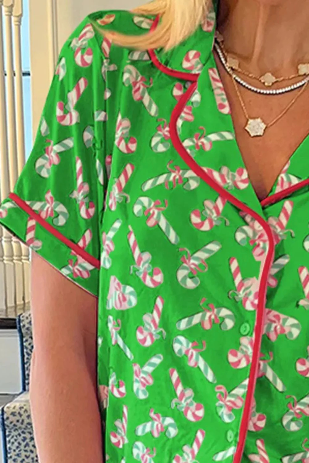 Candy Cane Collared Neck Top and Shorts Lounge Set - Image 16