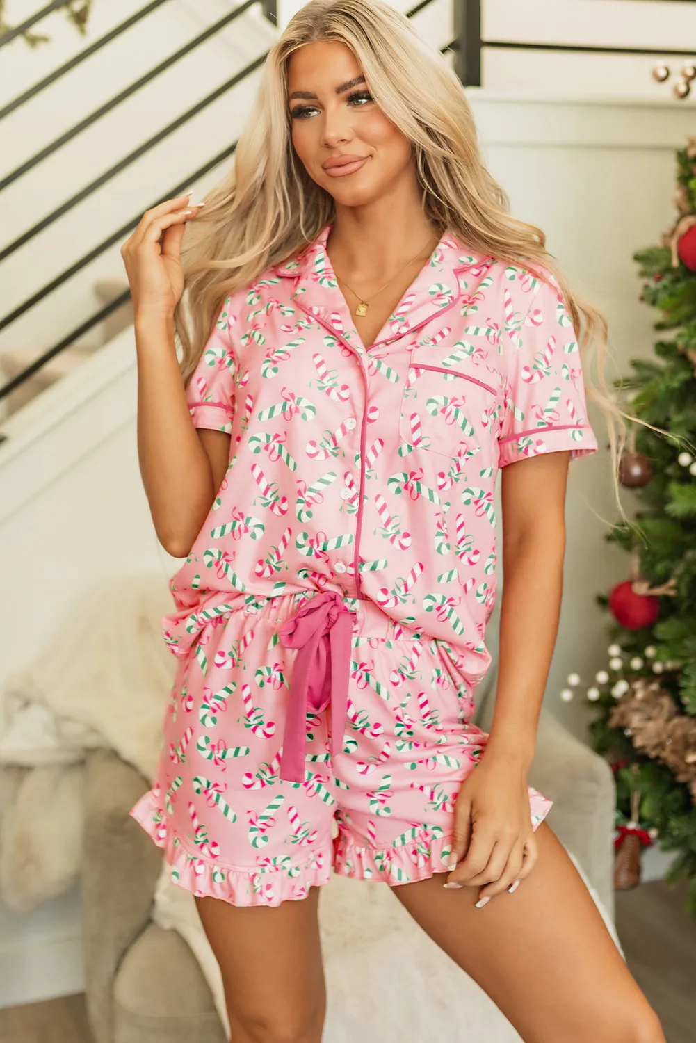 Candy Cane Collared Neck Top and Shorts Lounge Set - Image 2