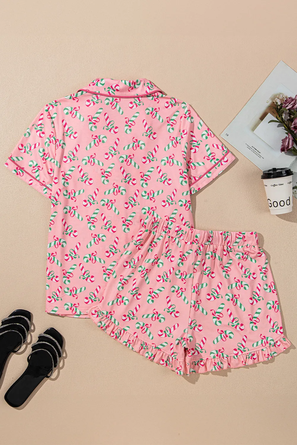 Candy Cane Collared Neck Top and Shorts Lounge Set - Image 8