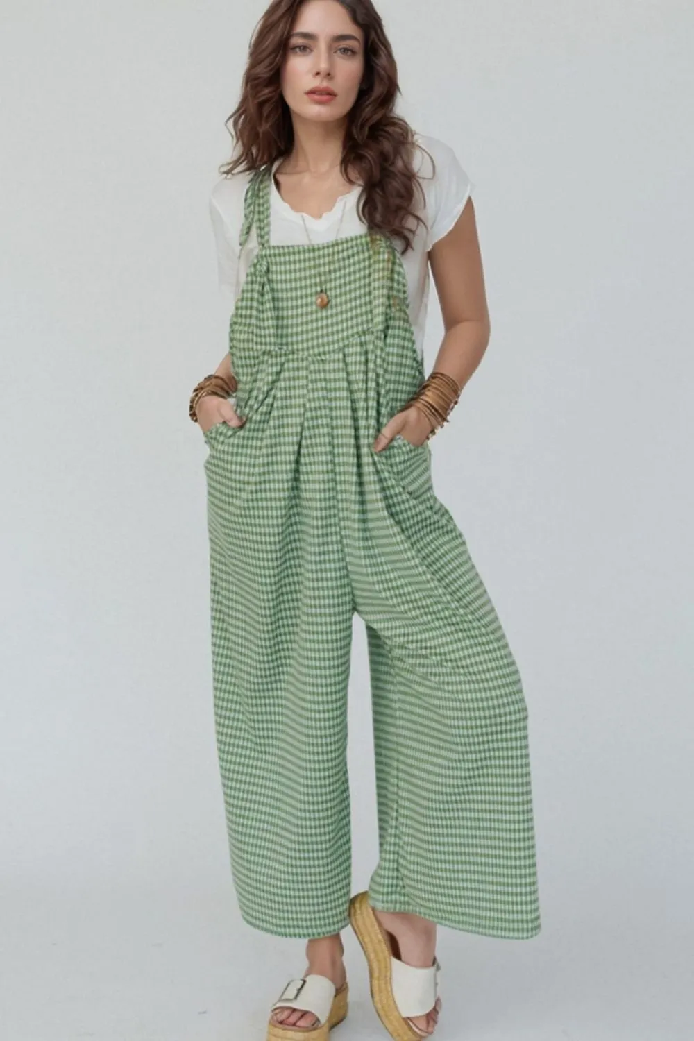 Casual Gingham Wide Leg Overalls - Image 2