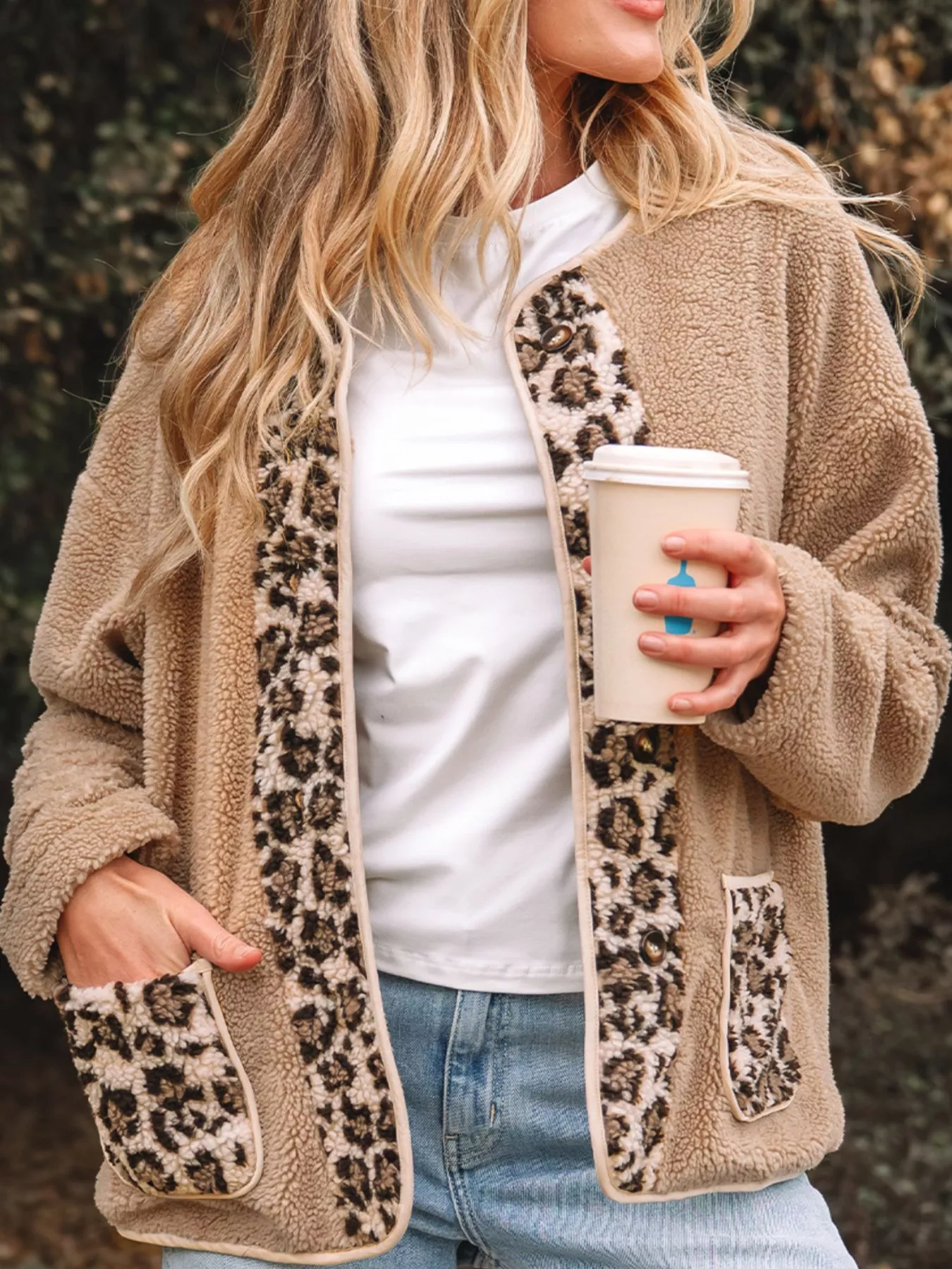 Casual Leopard Print Accent Plush Jacket with Pockets - Image 4