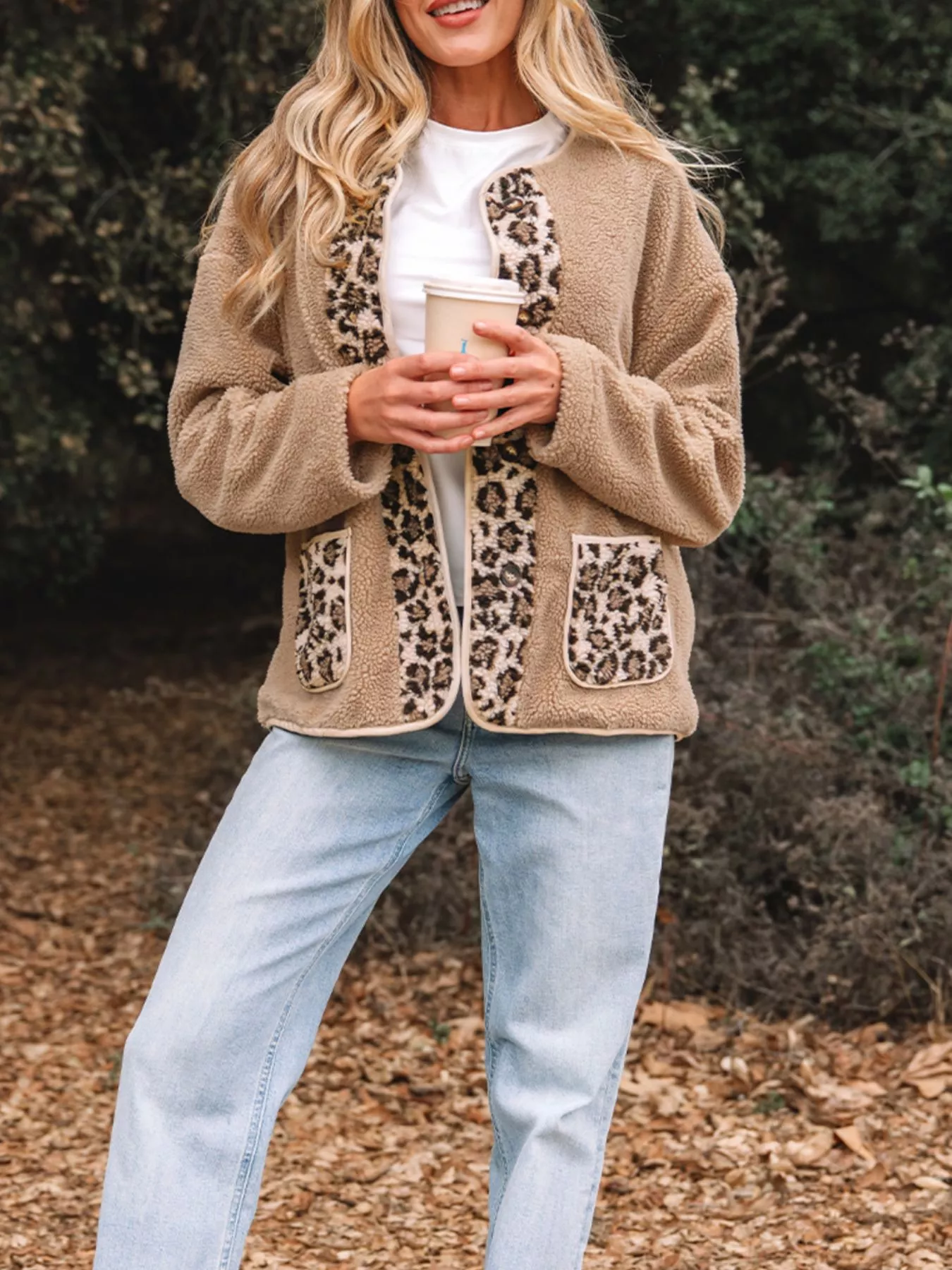 Casual Leopard Print Accent Plush Jacket with Pockets - Image 6