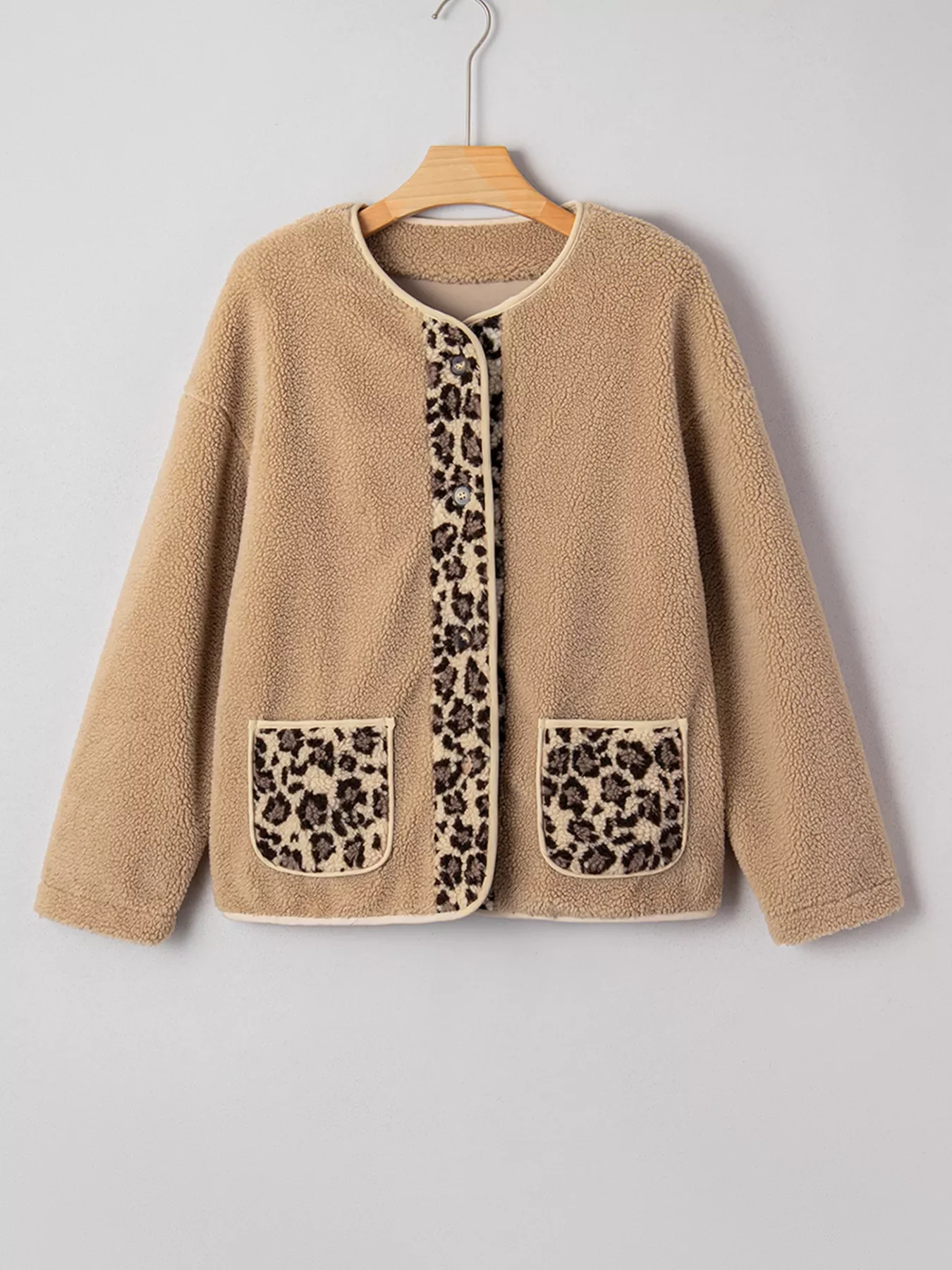 Casual Leopard Print Accent Plush Jacket with Pockets - Image 9