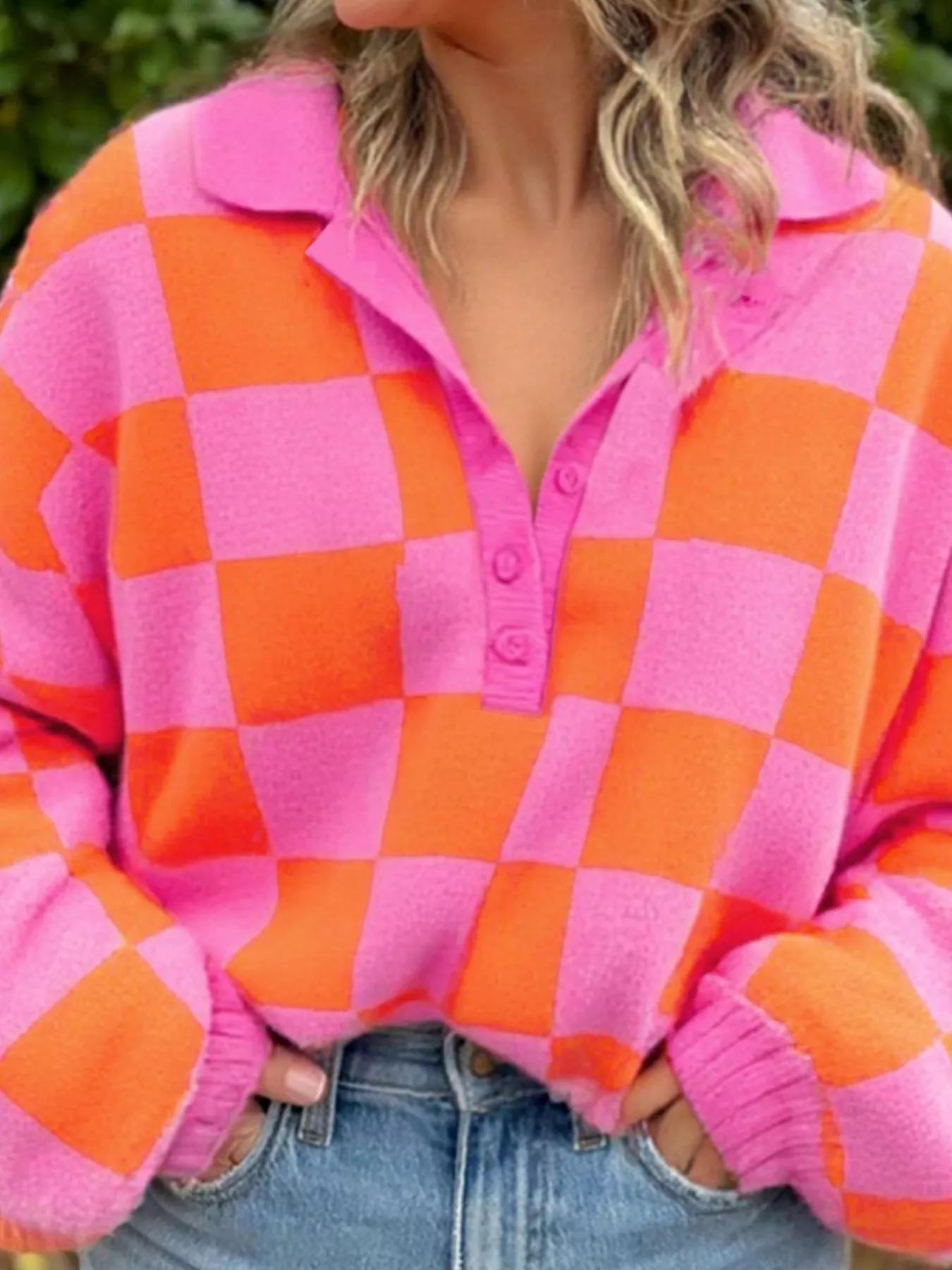 Checkerboard Pattern Half Button Sweater - Image 3