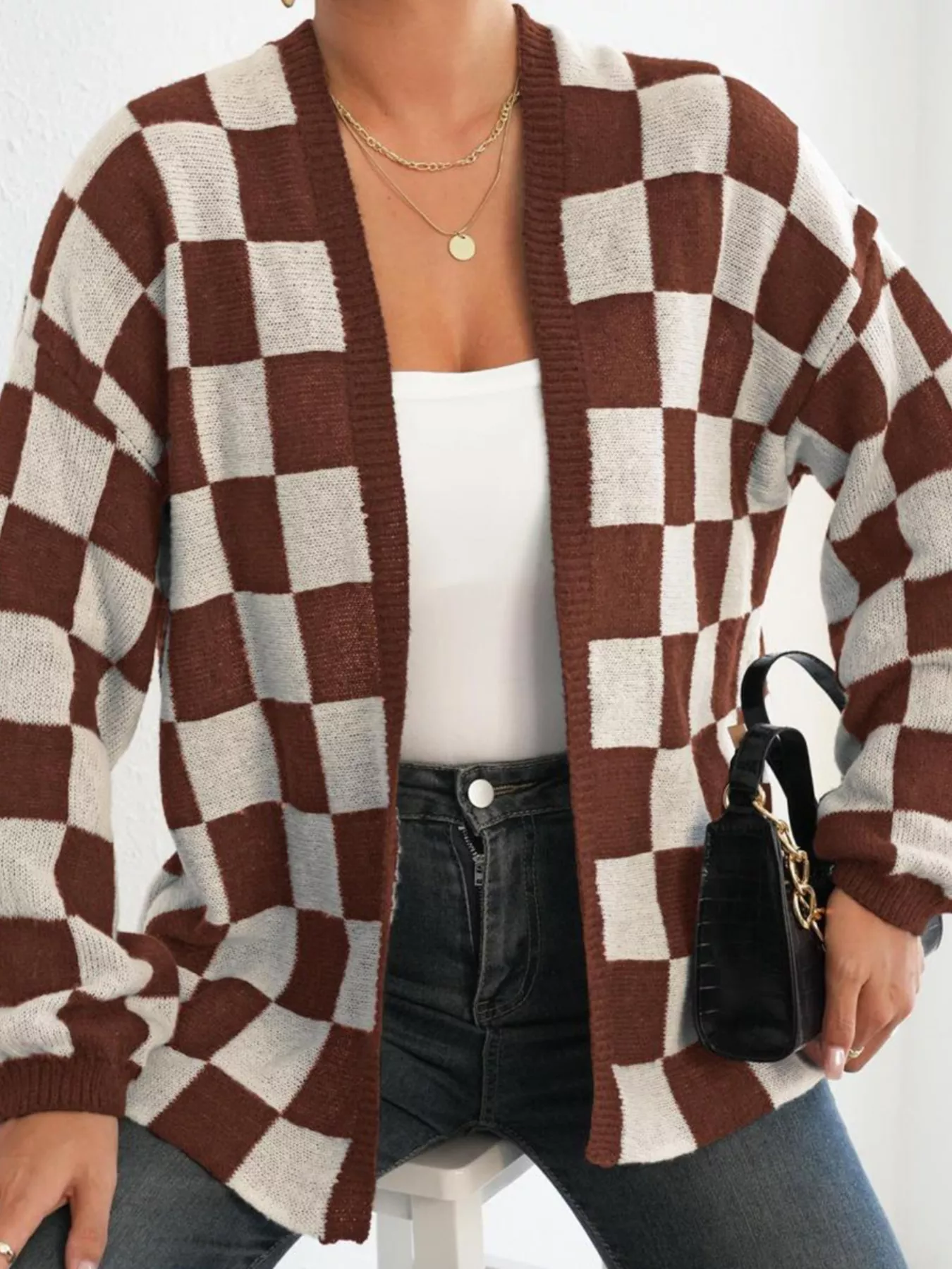 Checkerboard Pattern Open Front Knit Cardigan - Image 10