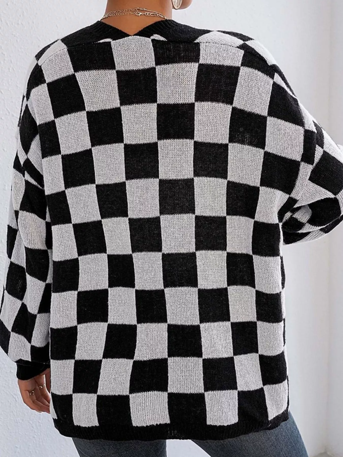Checkerboard Pattern Open Front Knit Cardigan - Image 2