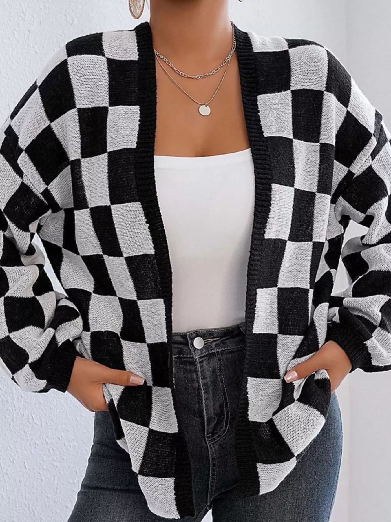 Checkerboard Pattern Open Front Knit Cardigan - Image 3