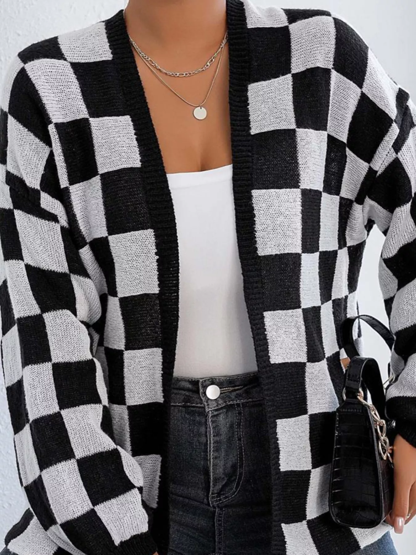 Checkerboard Pattern Open Front Knit Cardigan - Image 5