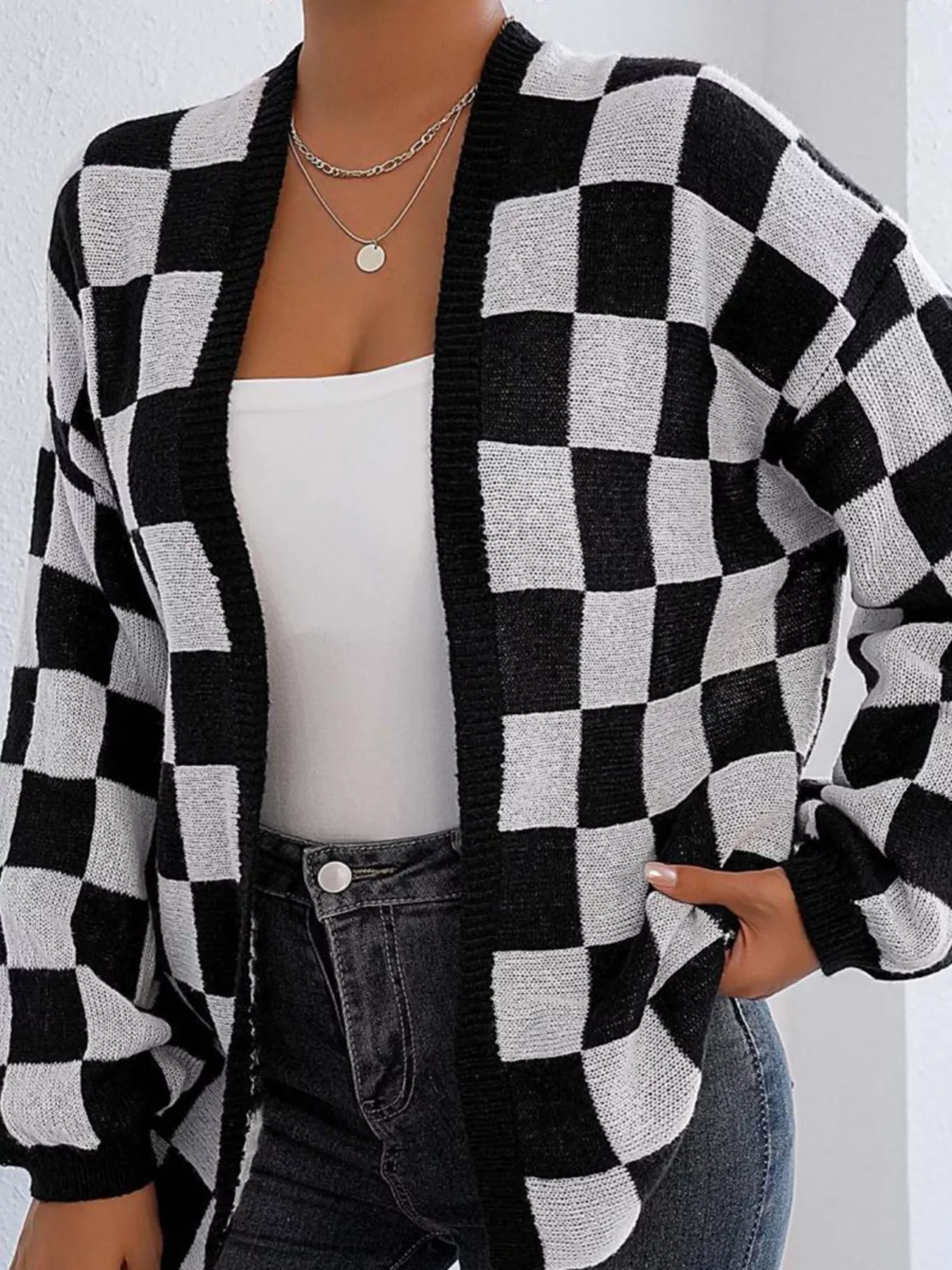 Checkerboard Pattern Open Front Knit Cardigan - Image 6