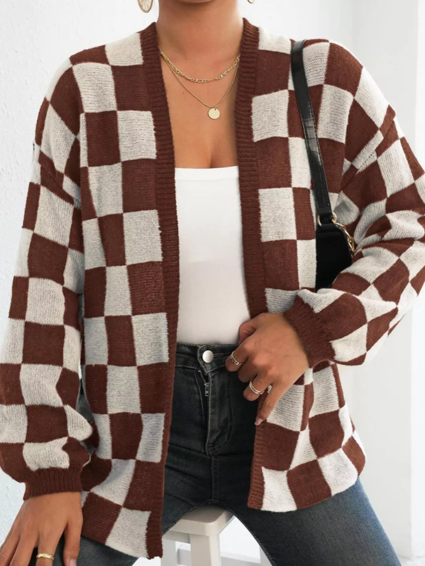 Checkerboard Pattern Open Front Knit Cardigan - Image 7
