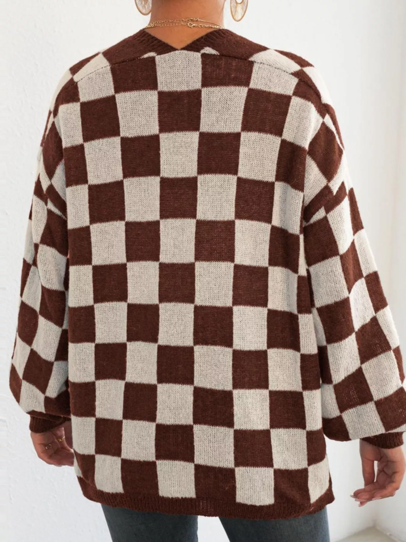 Checkerboard Pattern Open Front Knit Cardigan - Image 8