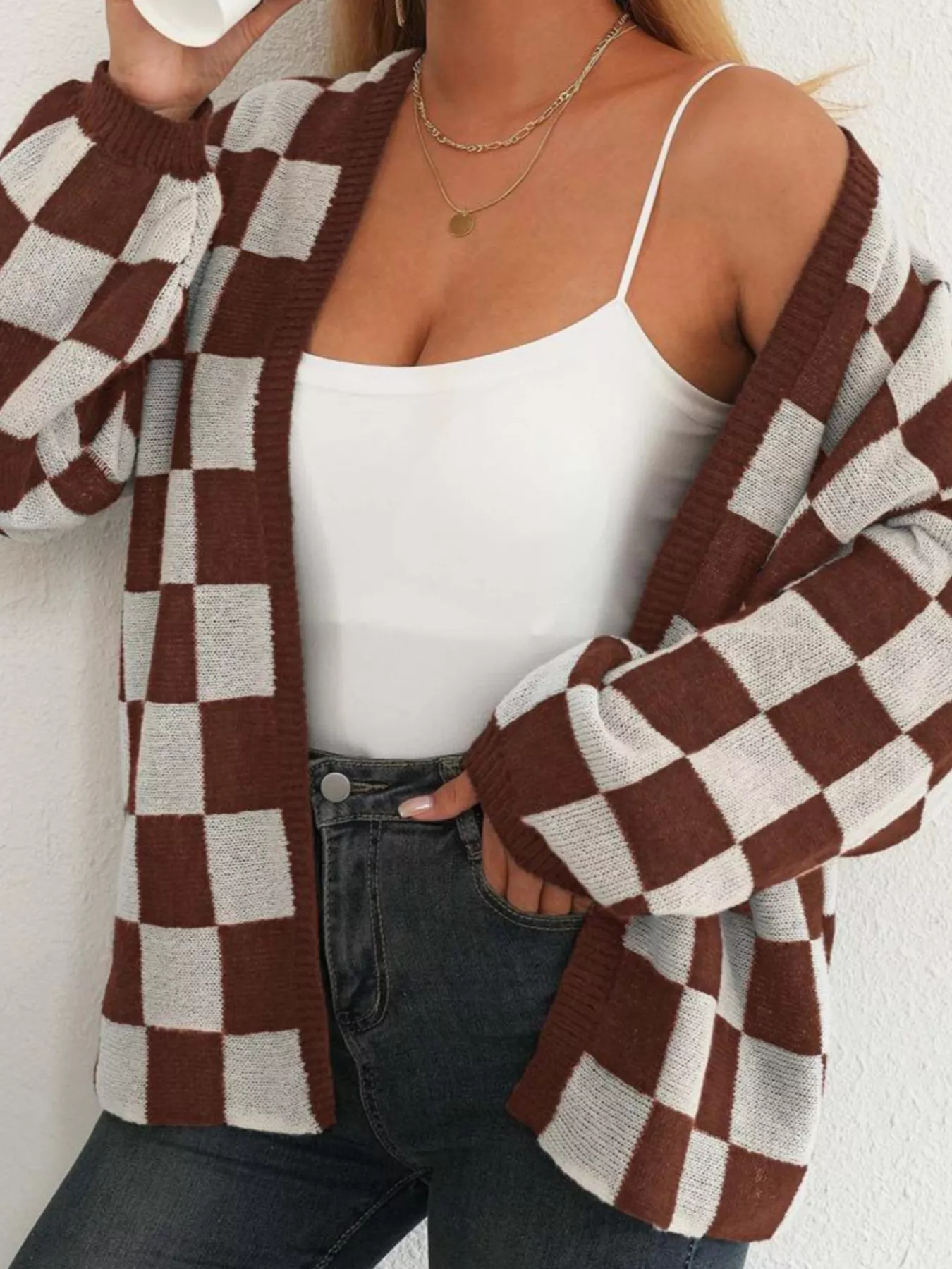 Checkerboard Pattern Open Front Knit Cardigan - Image 9