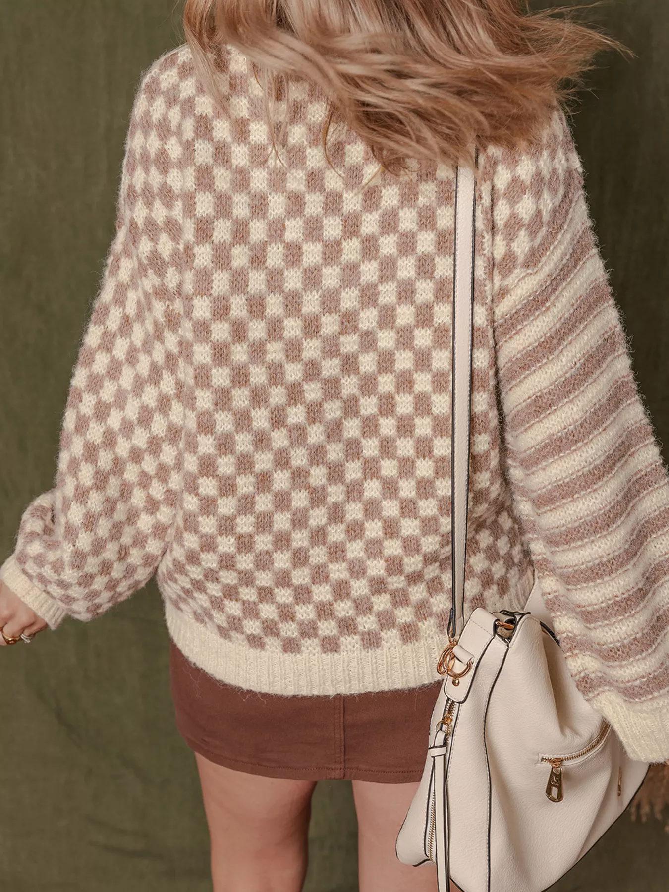 Checkerboard & Striped Pattern Knit Sweater - Image 3
