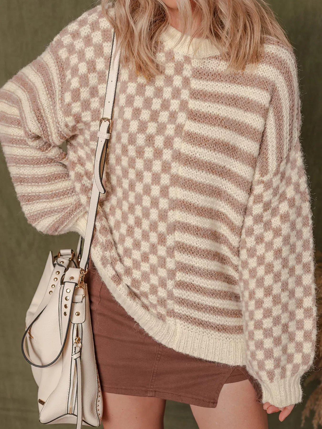 Checkerboard & Striped Pattern Knit Sweater - Image 5