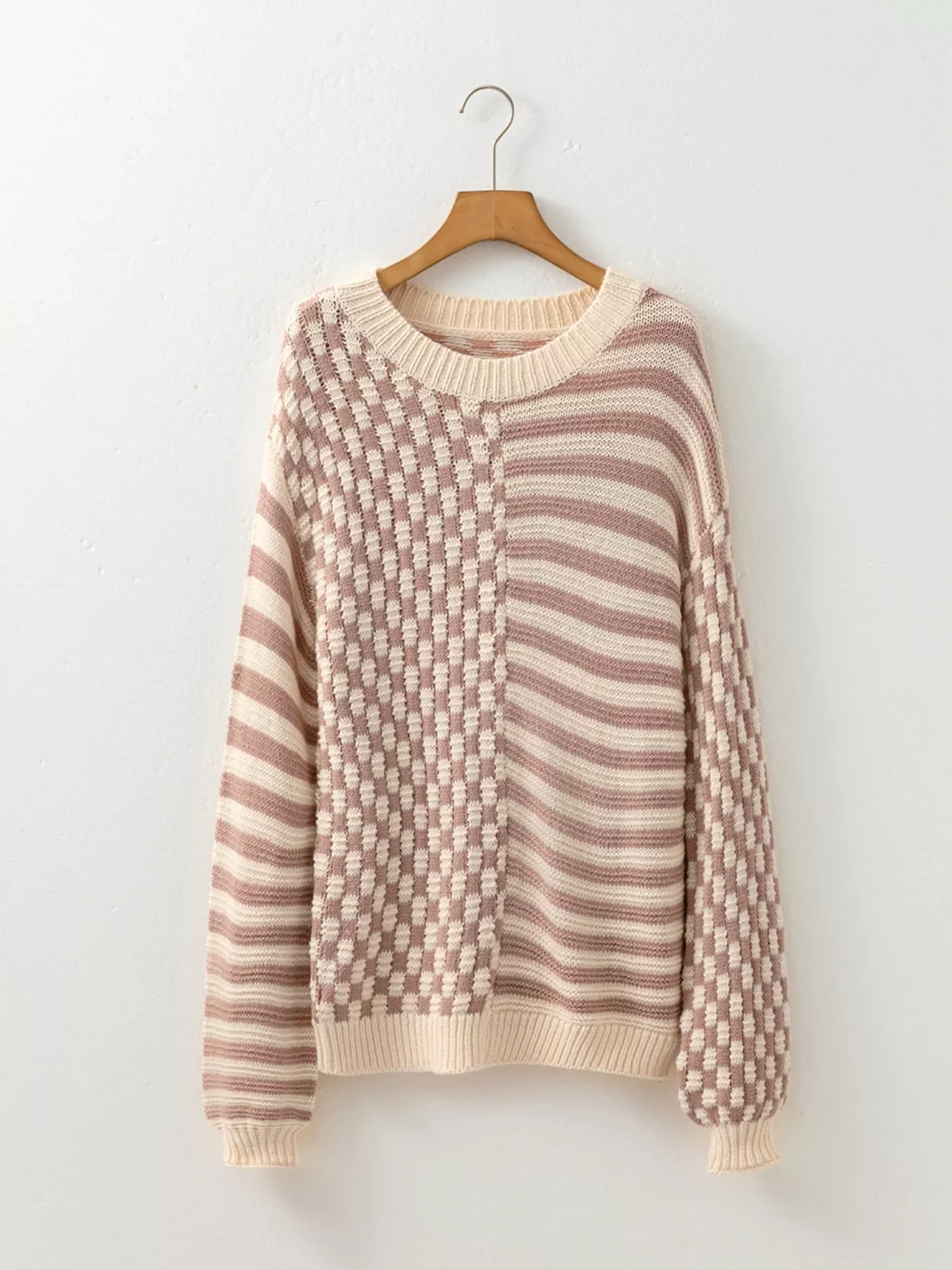 Checkerboard & Striped Pattern Knit Sweater - Image 6