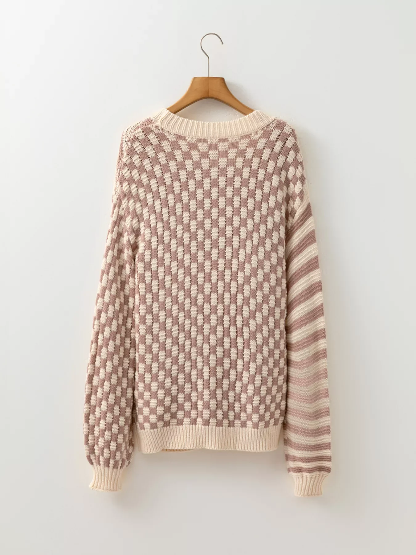 Checkerboard & Striped Pattern Knit Sweater - Image 7