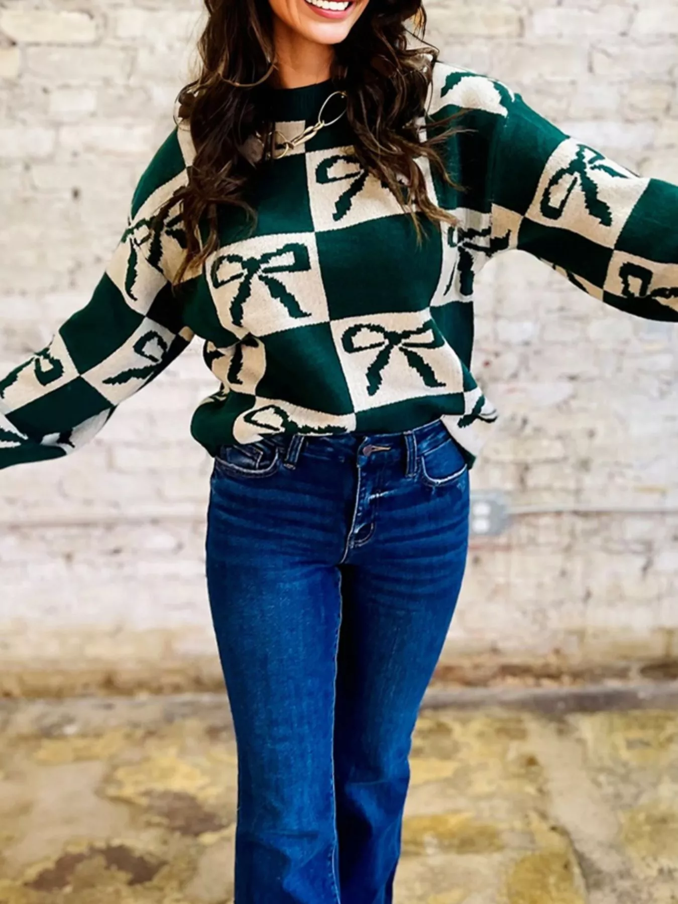Checkered Bow Round Neck Casual Sweater - Image 2