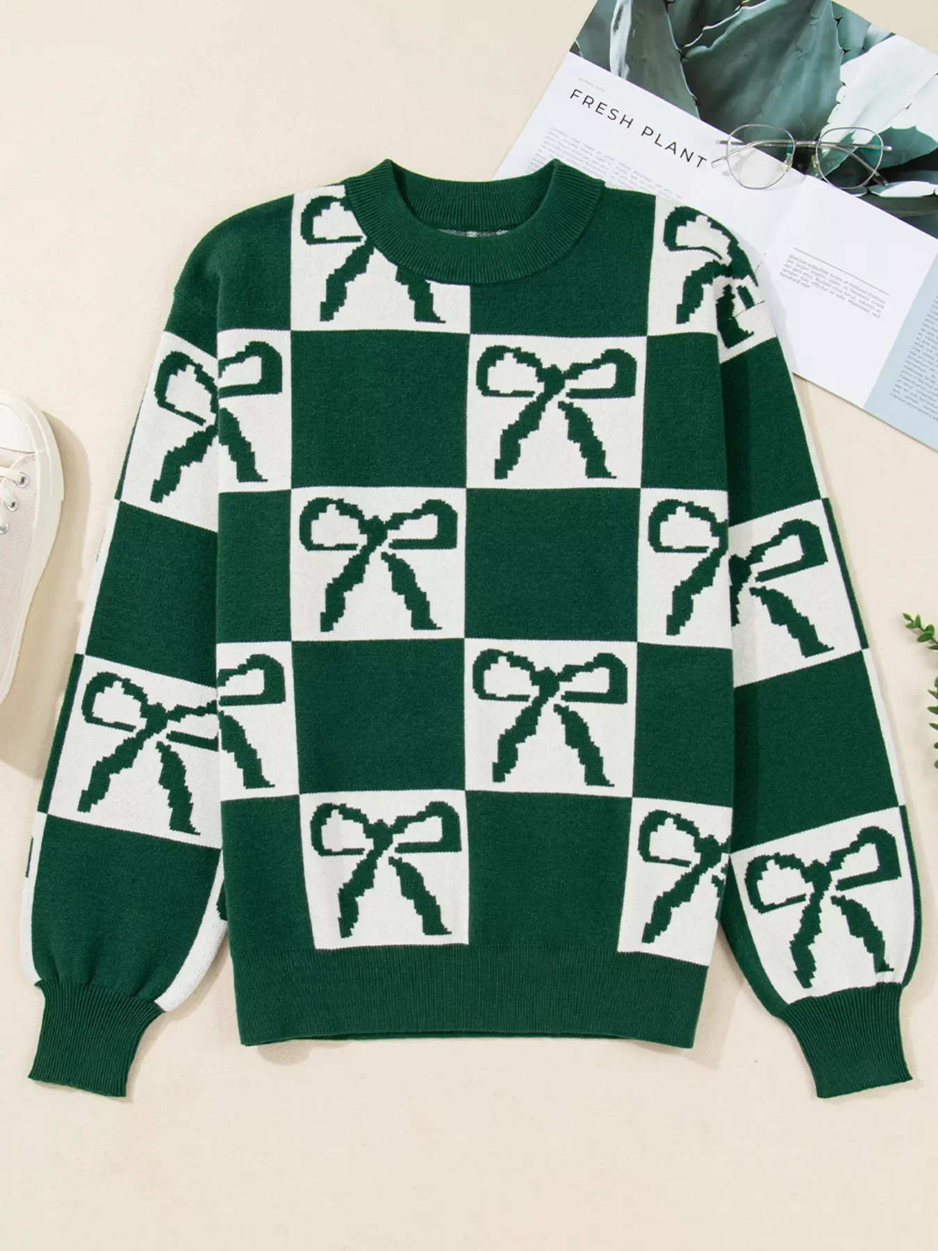 Checkered Bow Round Neck Casual Sweater - Image 3