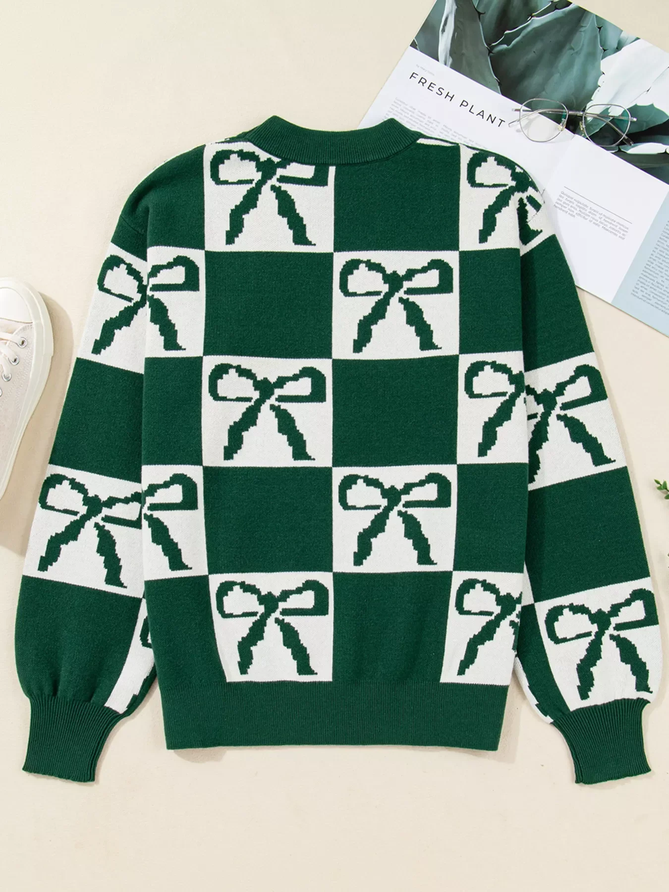 Checkered Bow Round Neck Casual Sweater - Image 4