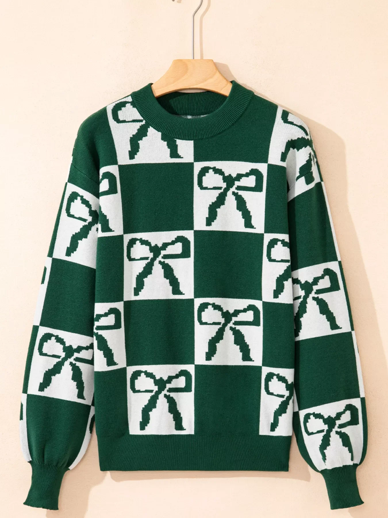 Checkered Bow Round Neck Casual Sweater - Image 5