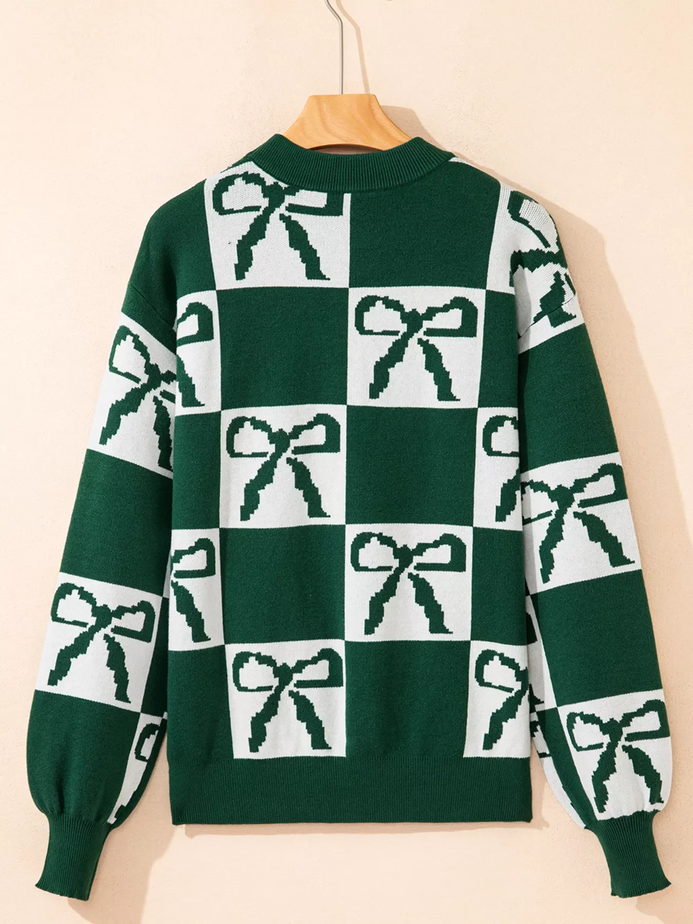 Checkered Bow Round Neck Casual Sweater - Image 6