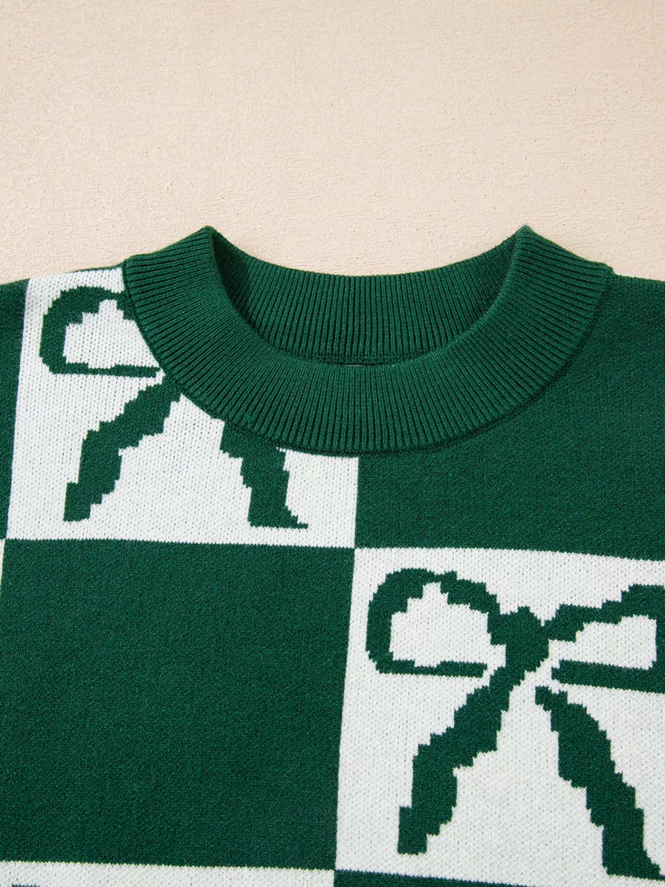 Checkered Bow Round Neck Casual Sweater - Image 7