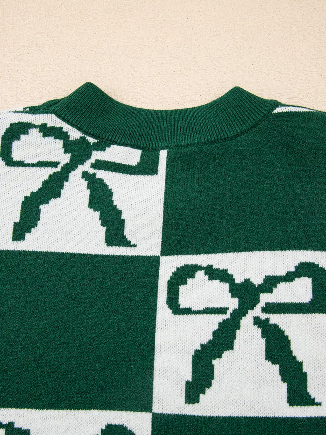 Checkered Bow Round Neck Casual Sweater - Image 8