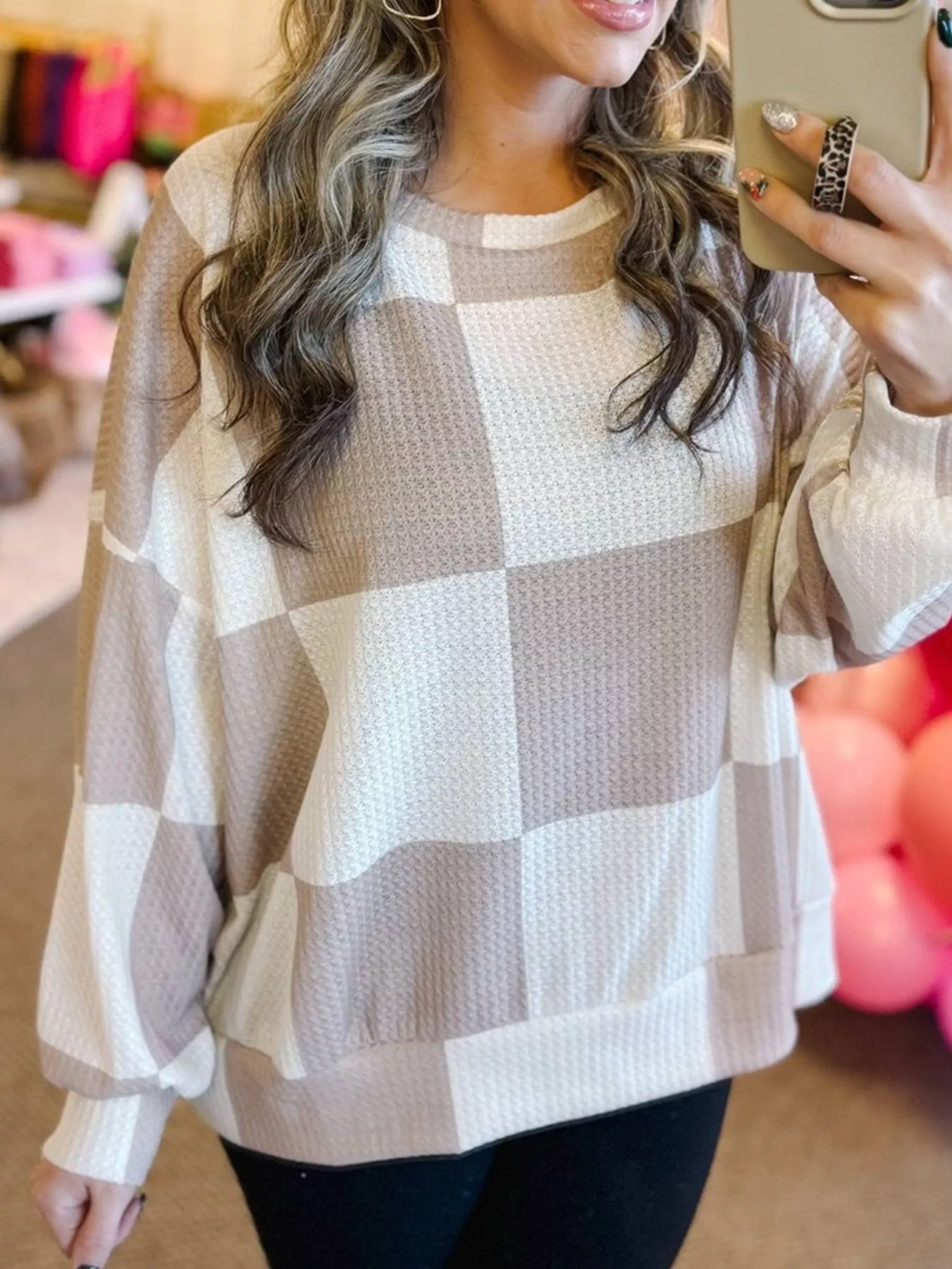 Checkered Breathable Textured Long Sleeve Top - Image 2