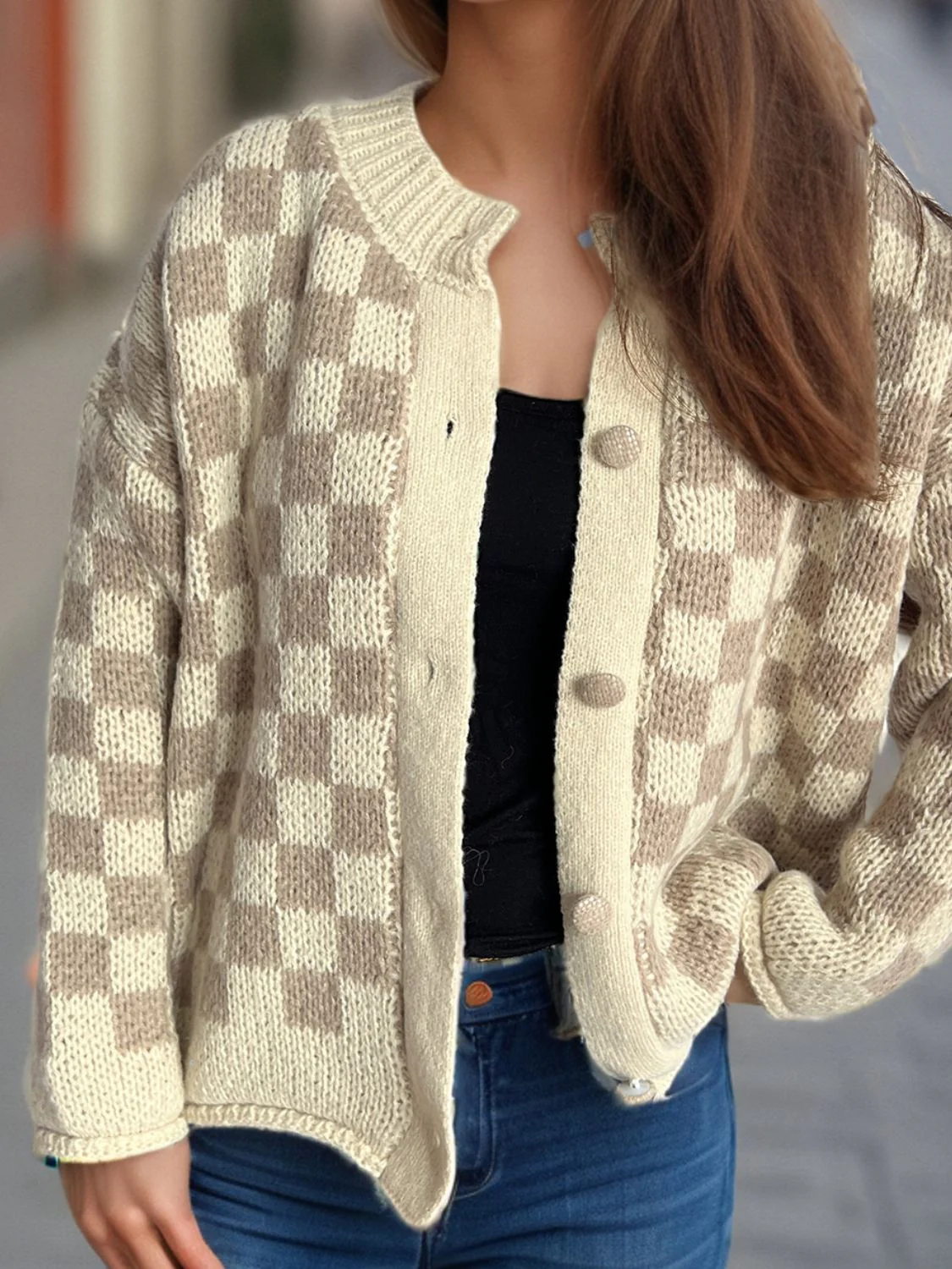 Checkered Button Up Round Neck Cardigan - Image 10