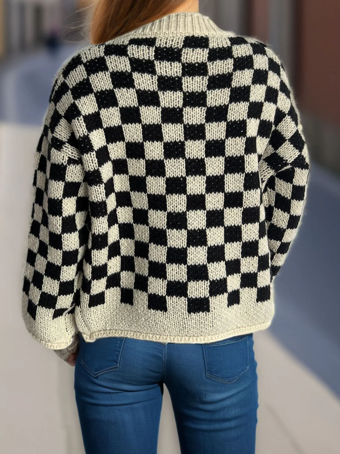 Checkered Button Up Round Neck Cardigan - Image 2