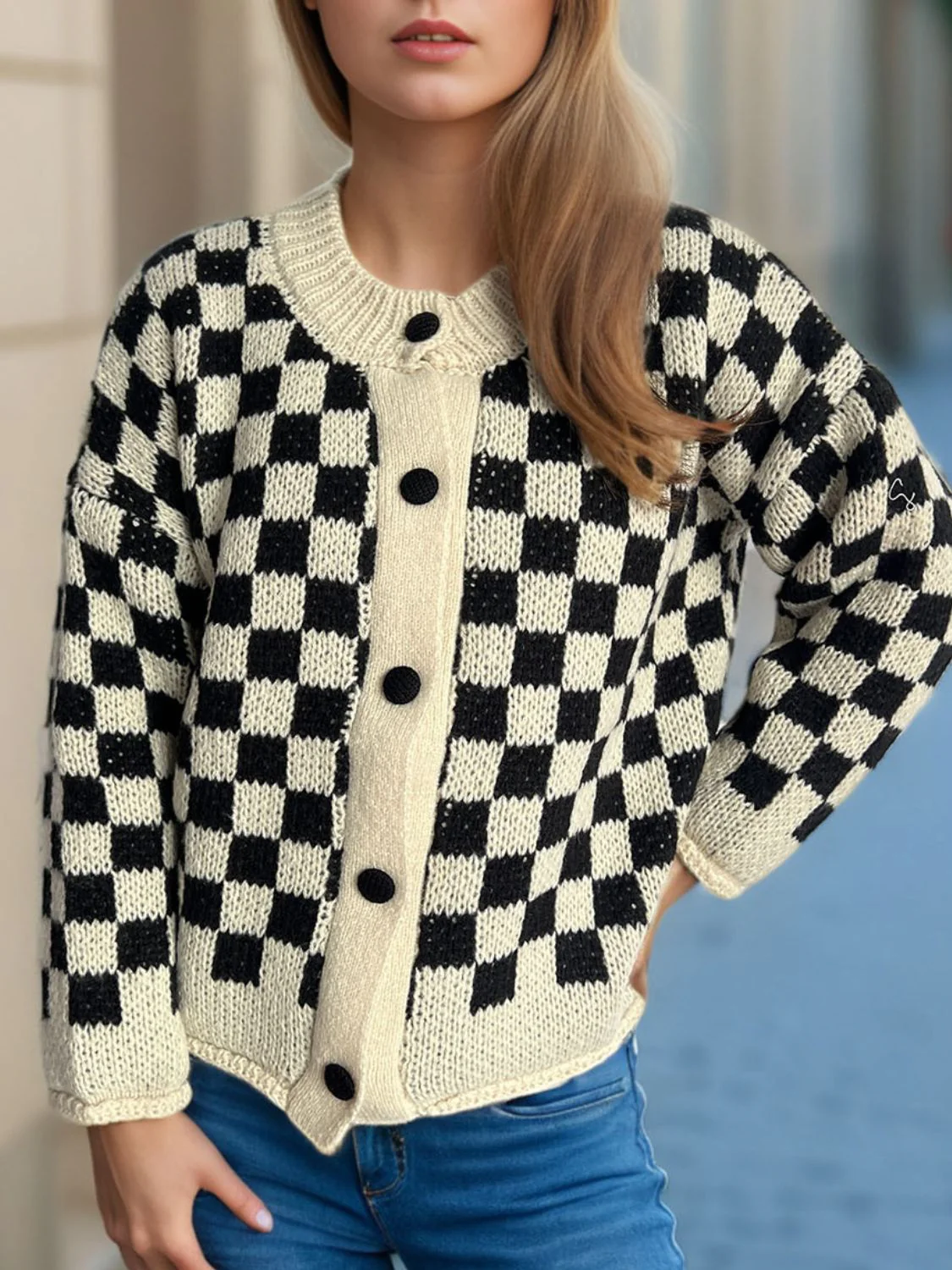 Checkered Button Up Round Neck Cardigan - Image 4